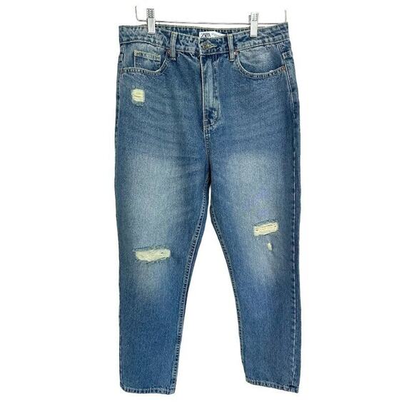 Zara Womens High Rise Denim Jeans Size 10 Blue Medium Wash Straight Leg Distress - Picture 1 of 5